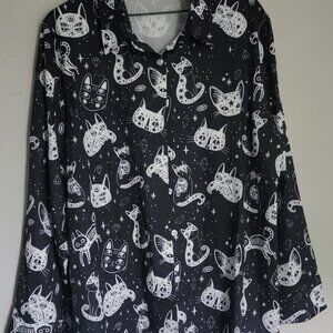 Galactic Cat Print Button Up Shirt - SHEIN - Size XXL (2XL)